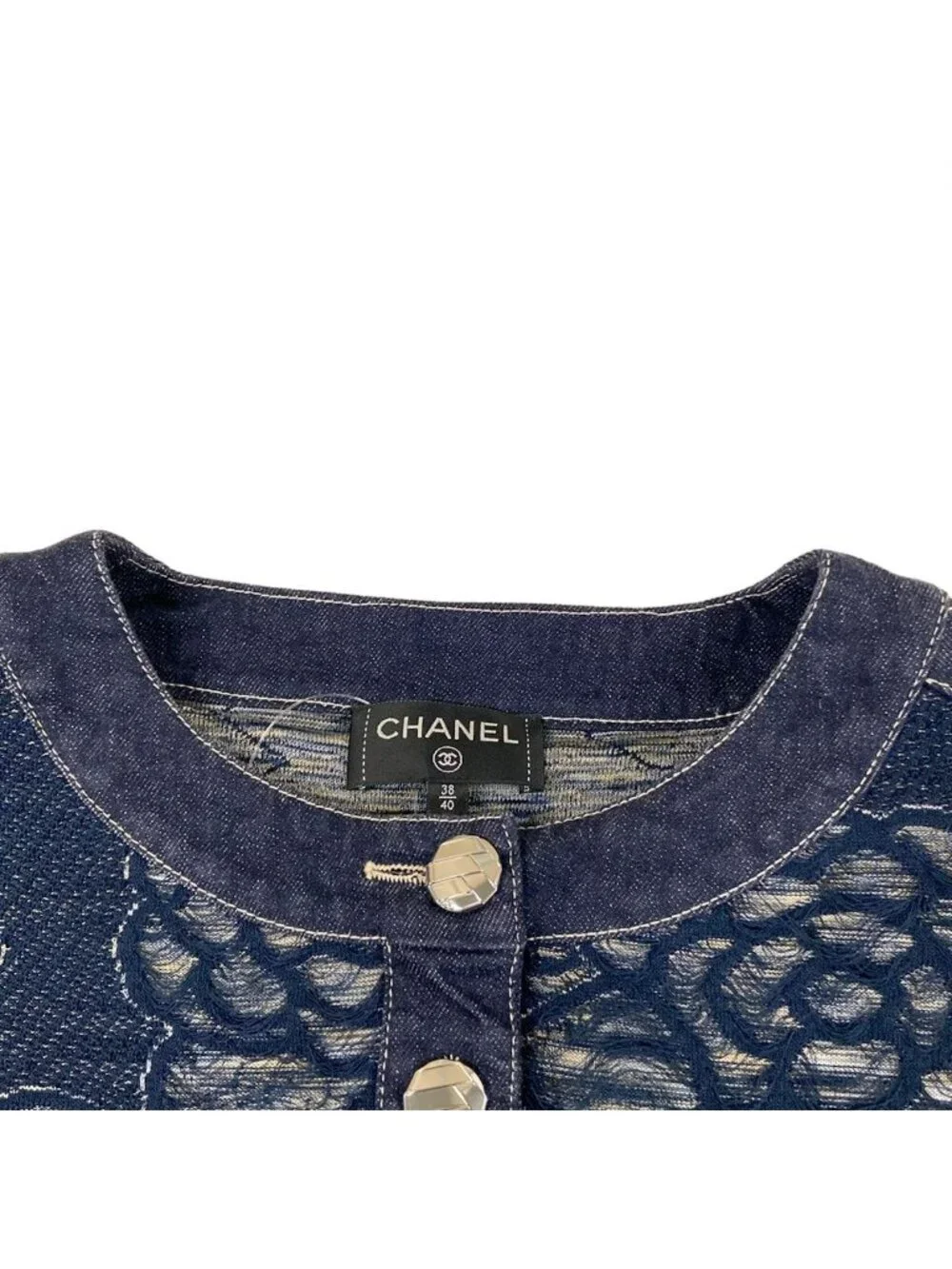 Chanel Long Sleeve Top Navy Ivory Crew Neck Denim Camellia Cotton 38/40